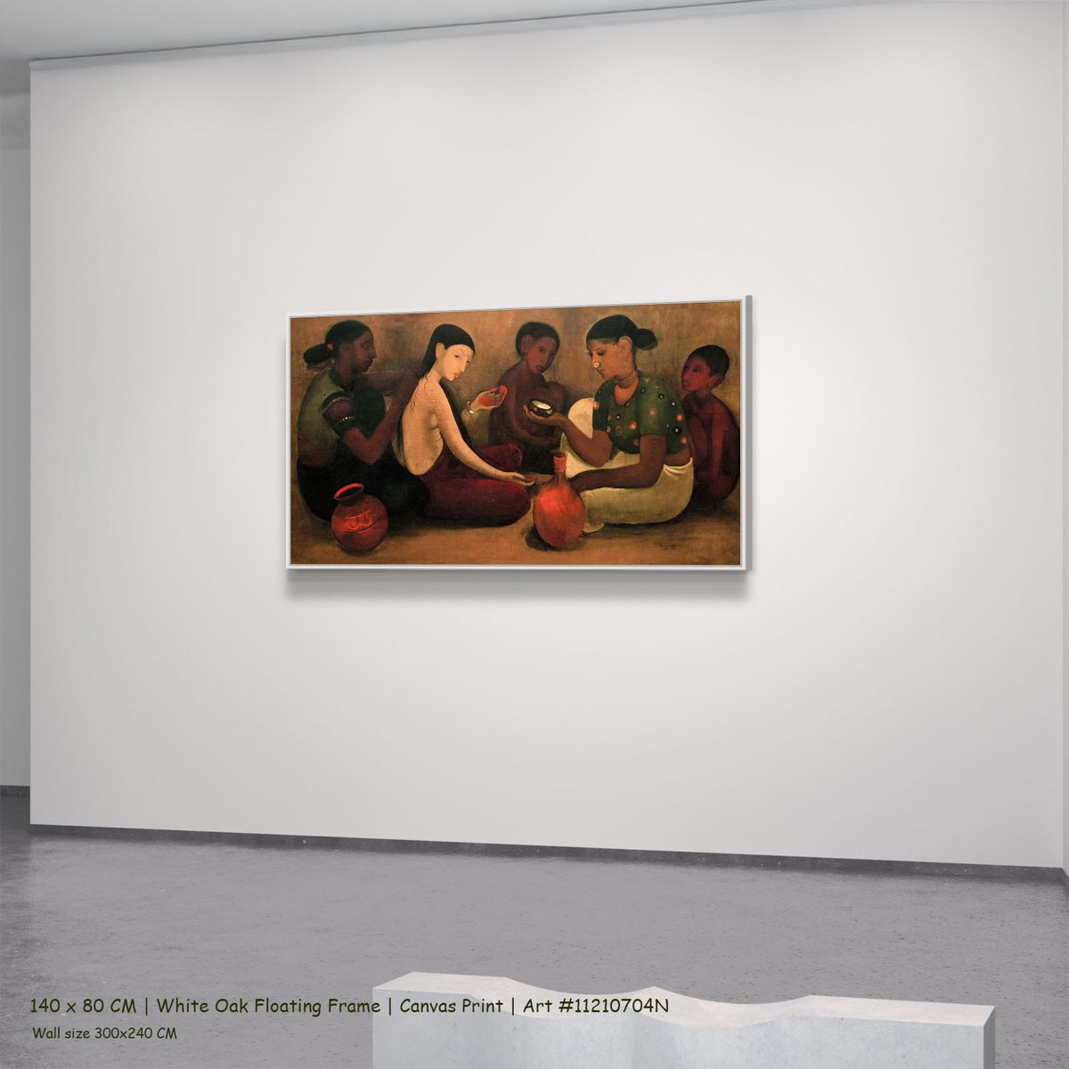 Bride's Toilet by Amrita Sher-Gil in a white oak floating frame, large brown and red Modernist canvas