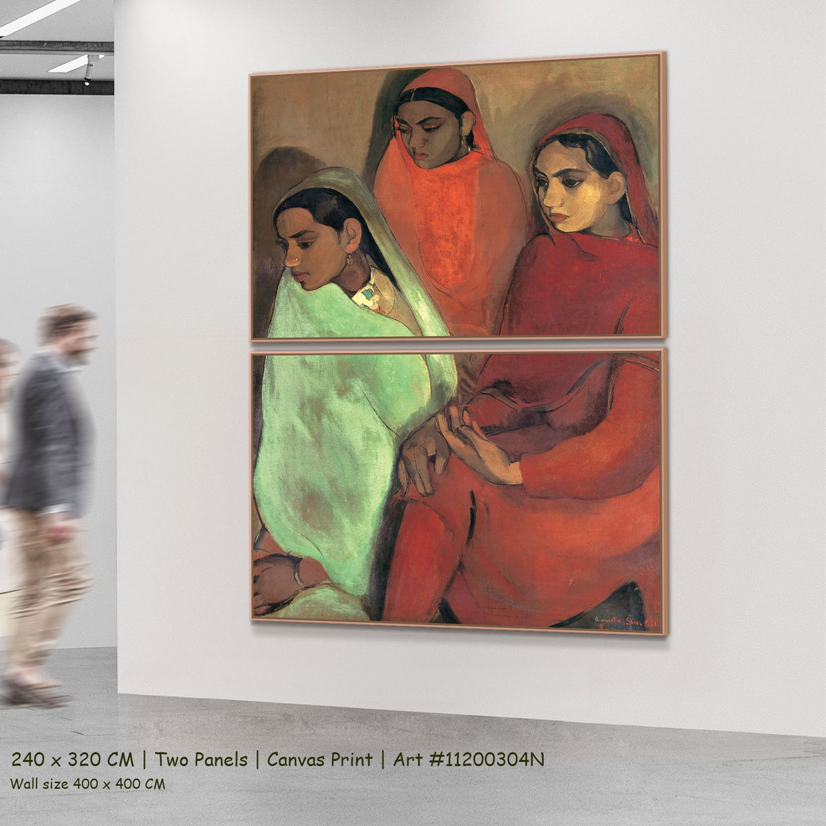 Three Girls by Amrita Sher-Gil as a large two-panel red and green Portrait canvas set