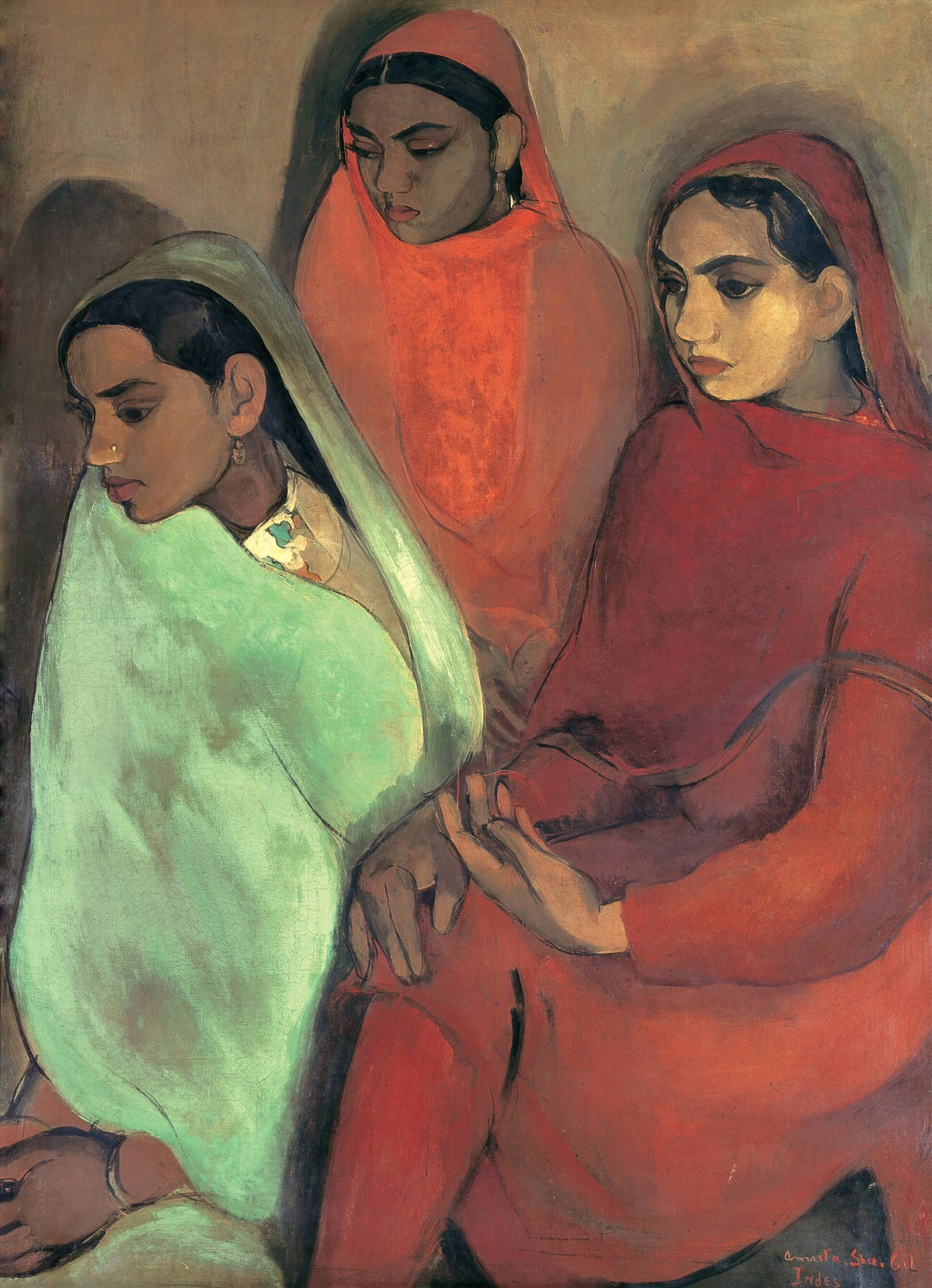 Large red and green Portrait canvas print of Three Girls by Amrita Sher-Gil
