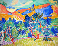 Large blue and orange Fauvist canvas print of Mountains at Collioure by André Derain