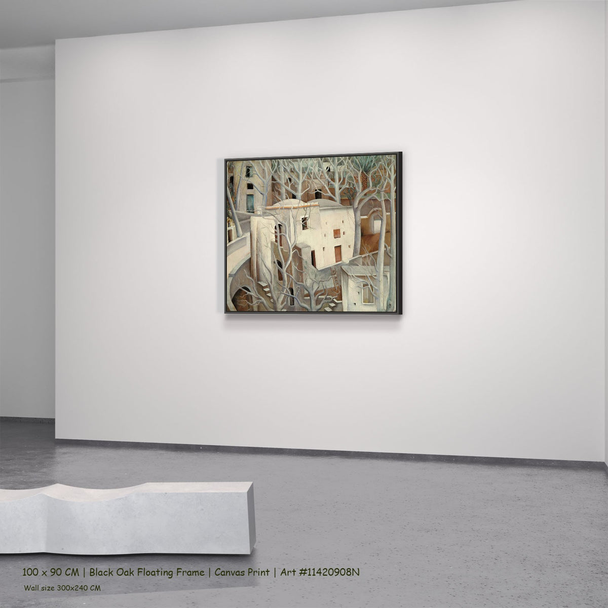 White Trees by Anita Rée in a black oak floating frame, large brown and white Landscape canvas