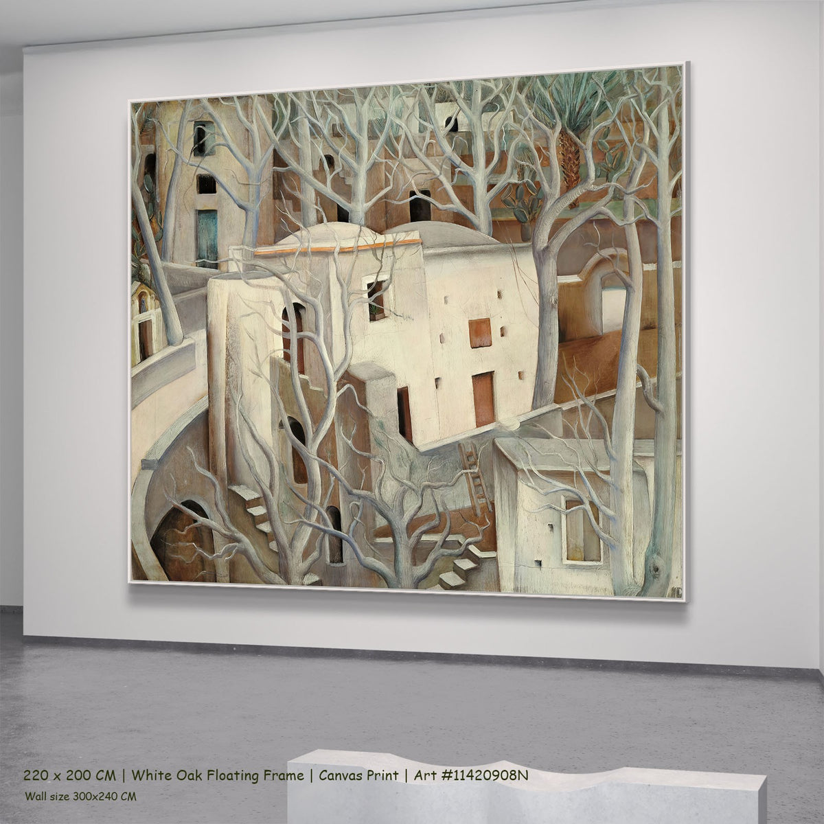 White Trees by Anita Rée in a white oak floating frame, large brown and white Landscape canvas