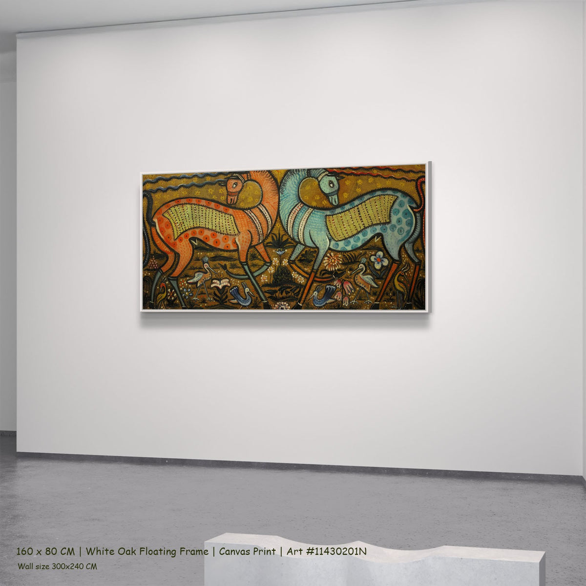 Zwei Fabeltiere by Anita Rée in a white oak floating frame, large brown and orange Symbolist canvas