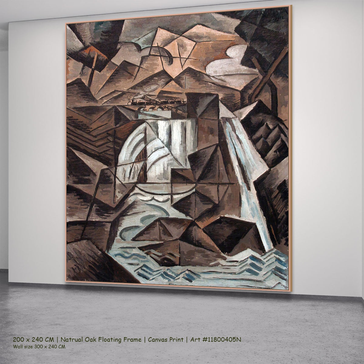 Waterfall in the Alps by Bohumil Kubišta in a natural oak floating frame, large brown and white Cubist canvas