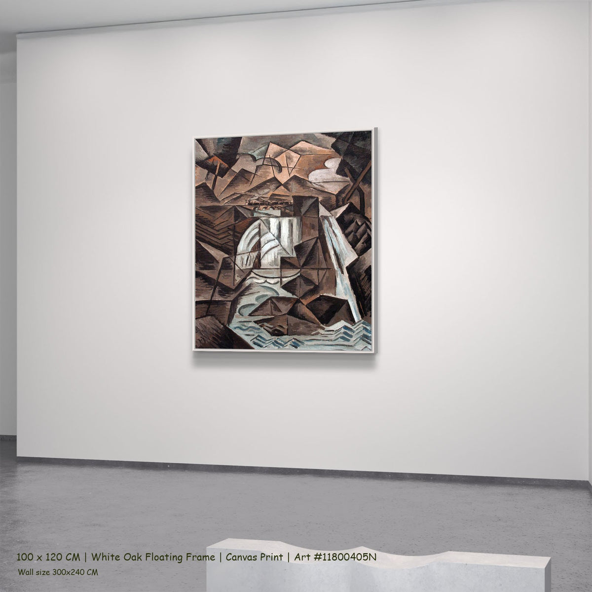 Waterfall in the Alps by Bohumil Kubišta in a white oak floating frame, large brown and white Cubist canvas