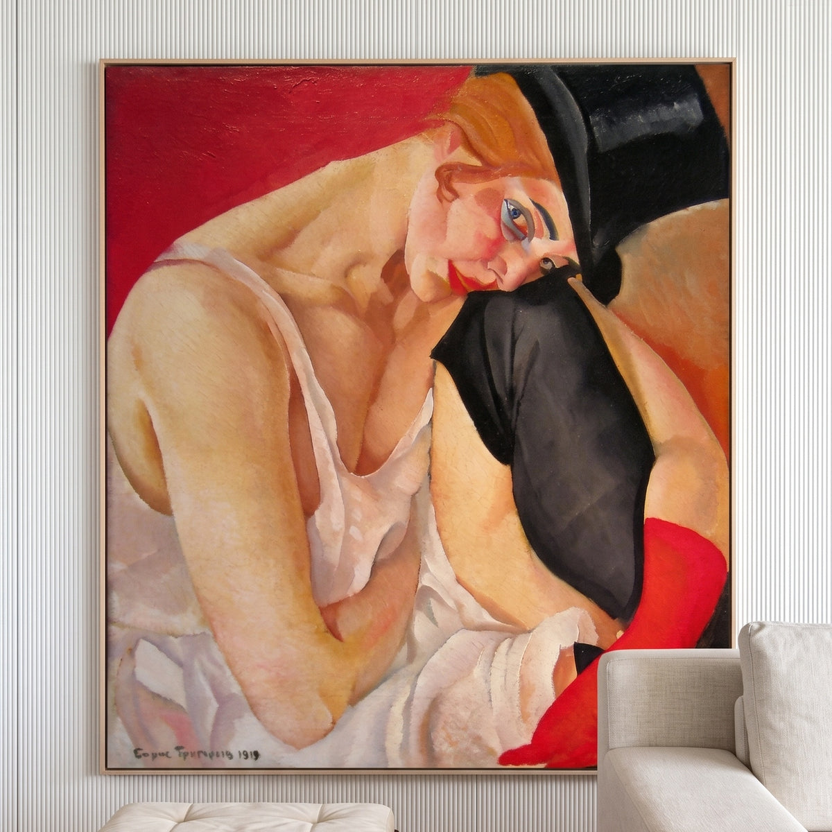 Woman in a Top Hat by Boris Grigoriev — large pink and red Expressionist canvas art displayed on a wall