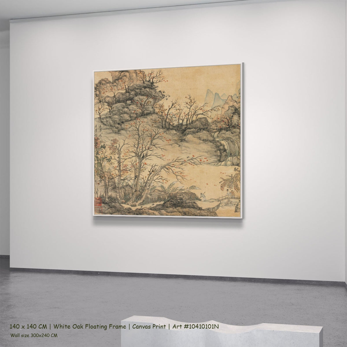 Autumn Landscape by Chen Hongshou in a white oak floating frame, large gold and grey Landscape canvas