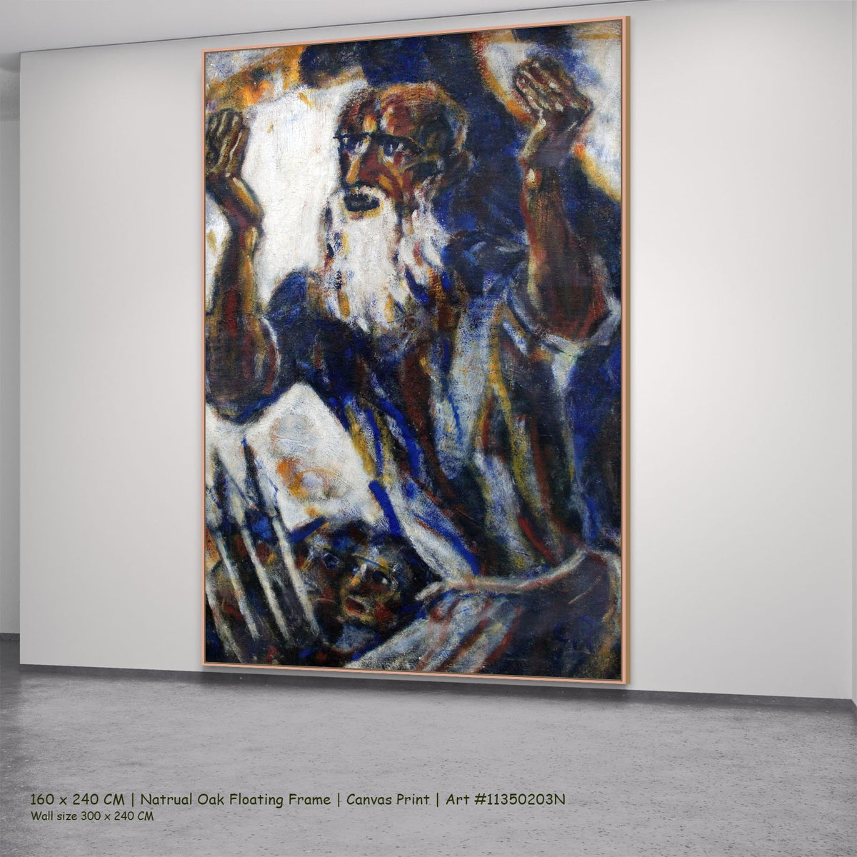 The Prophet by Christian Rohlfs in a natural oak floating frame, large blue and white Expressionist canvas
