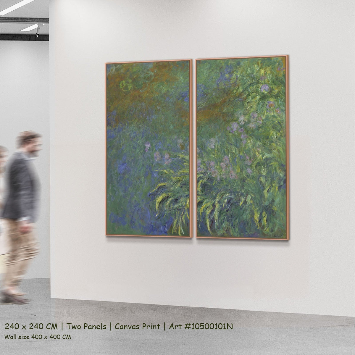 Irises by Claude Monet as a large two-panel green and blue Impressionist canvas set