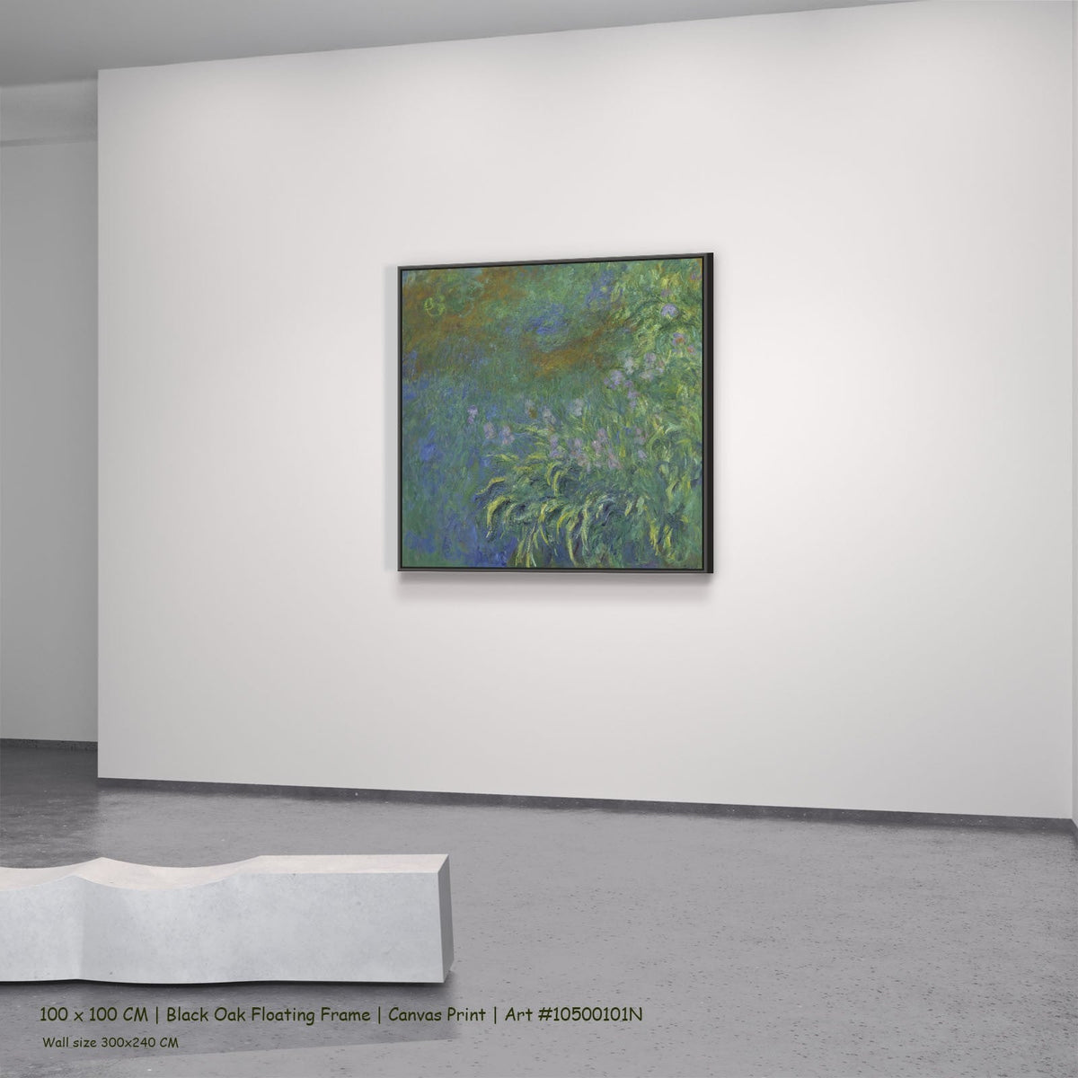 Irises by Claude Monet in a black oak floating frame, large green and blue Impressionist canvas