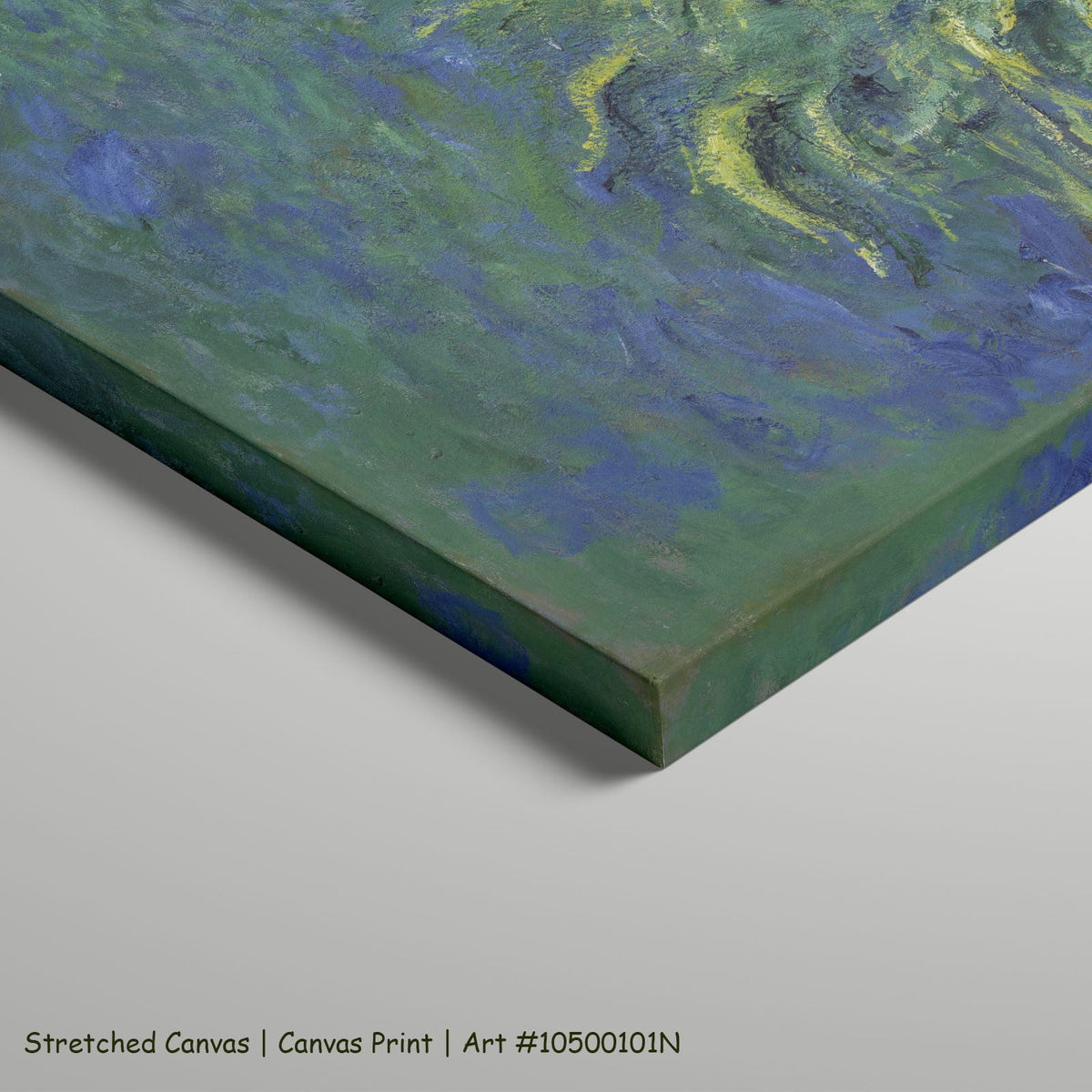 Irises by Claude Monet as a large stretched green and blue Impressionist canvas print