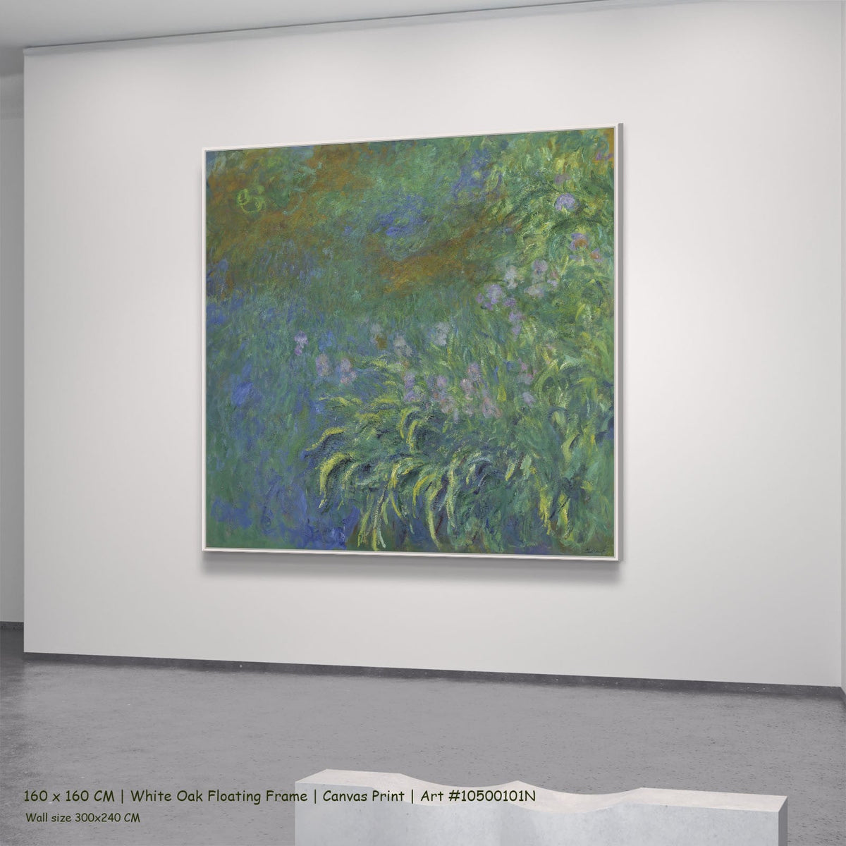 Irises by Claude Monet in a white oak floating frame, large green and blue Impressionist canvas