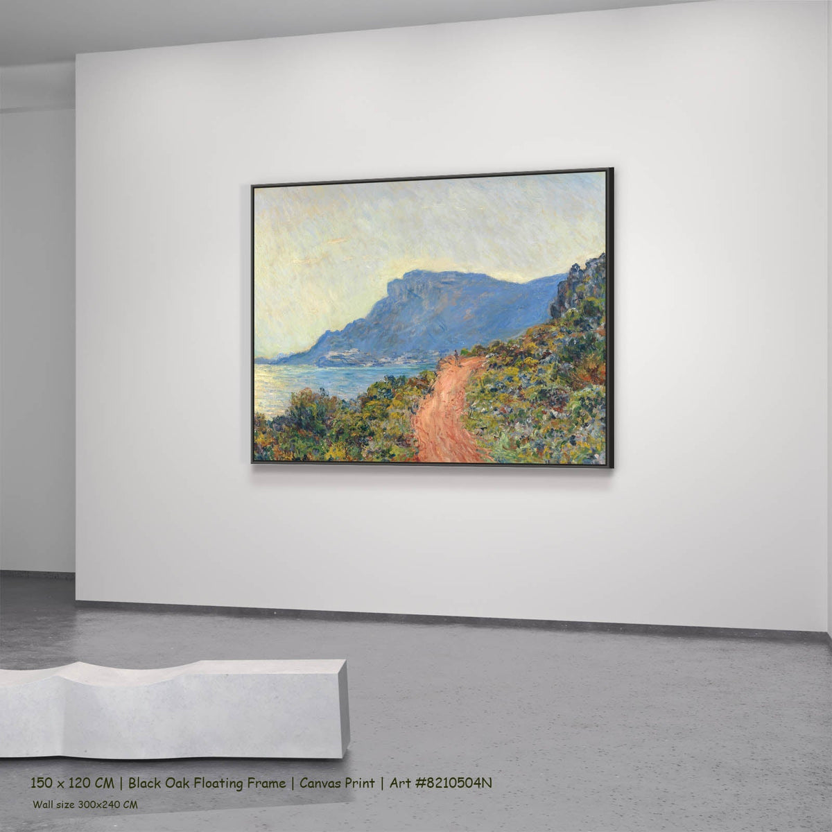 Claude Monet — La Corniche near Monaco Coastal canvas wall art in a black oak floating frame, 150 × 120 cm