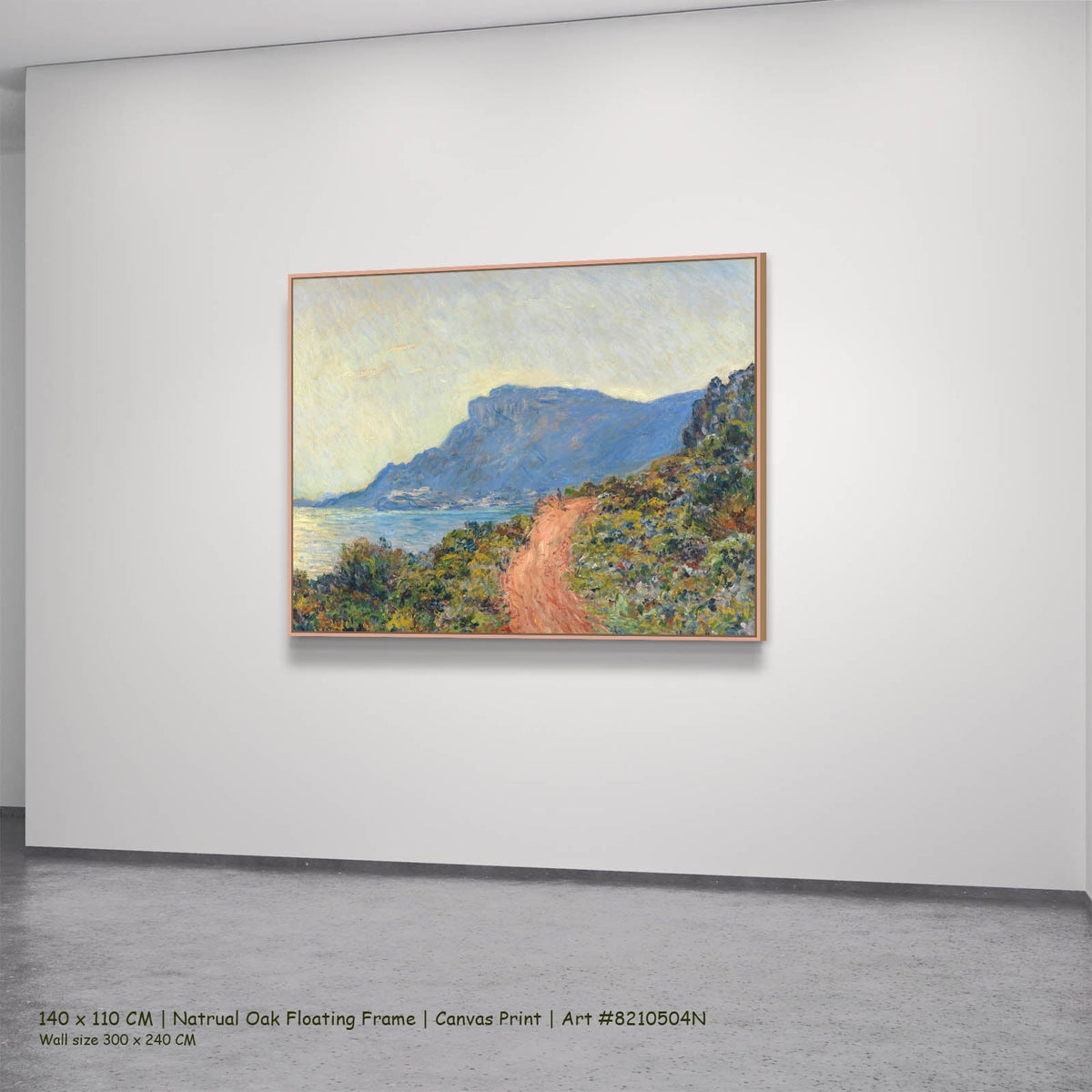 Claude Monet — La Corniche near Monaco Coastal canvas wall art in a natural oak floating frame, 140 × 110 cm