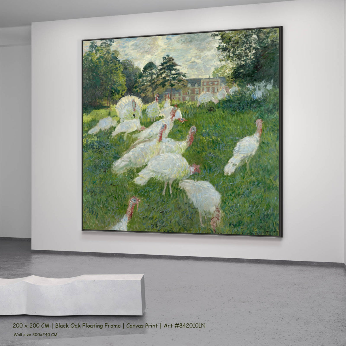 Claude Monet — The Turkeys Landscape canvas wall art in a black oak floating frame, 200 × 200 cm