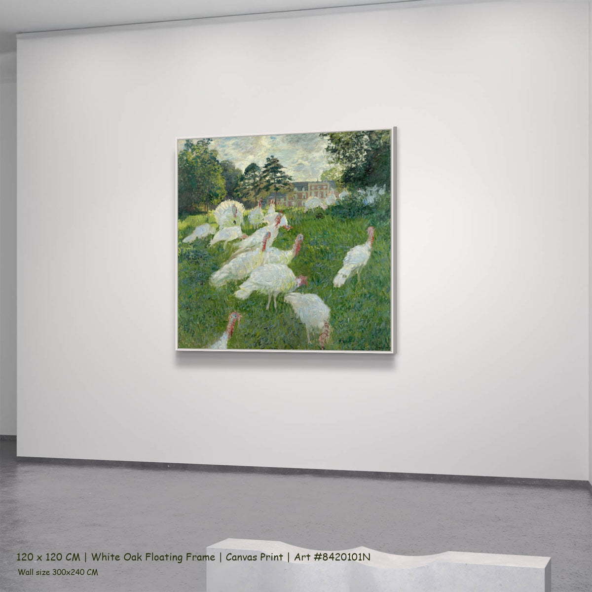 Claude Monet — The Turkeys Landscape canvas wall art in a white oak floating frame, 120 × 120 cm