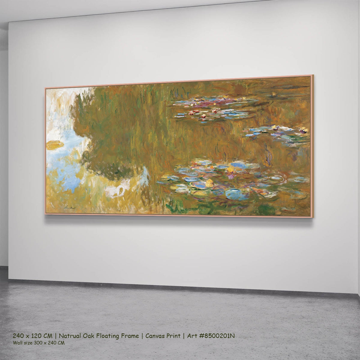 Claude Monet — The Water Lily Pond Landscape canvas wall art in a natural oak floating frame, 240 × 120 cm