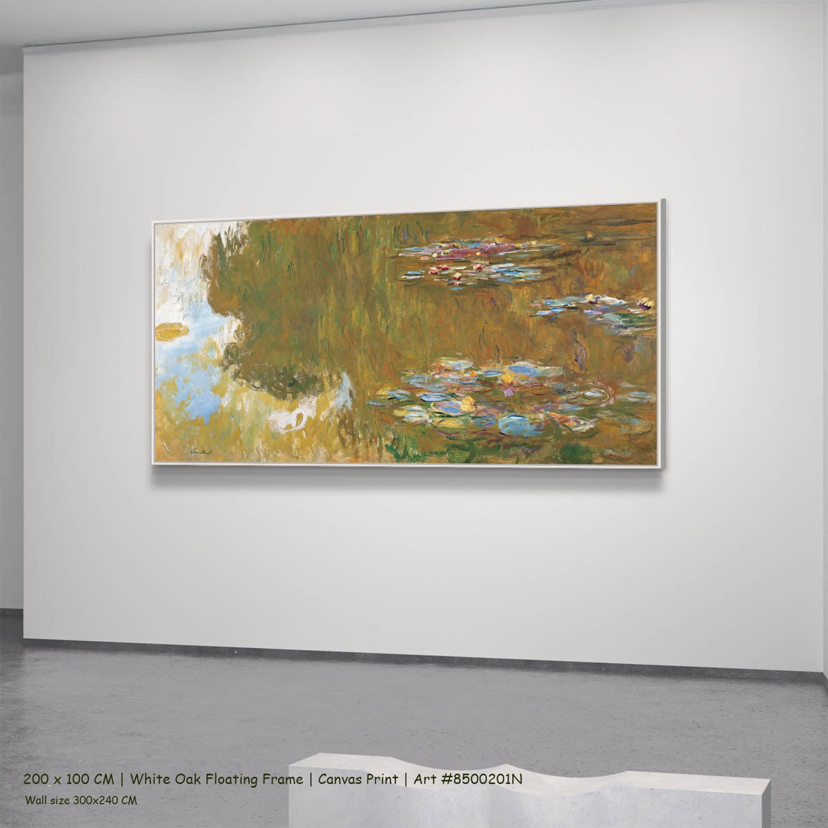 Claude Monet — The Water Lily Pond Landscape canvas wall art in a white oak floating frame, 200 × 100 cm