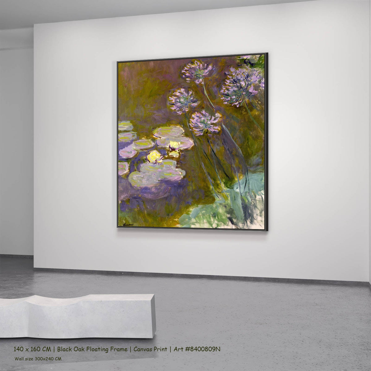 Claude Monet — Water Lilies and Agapanthus Floral canvas wall art in a black oak floating frame, 140 × 160 cm