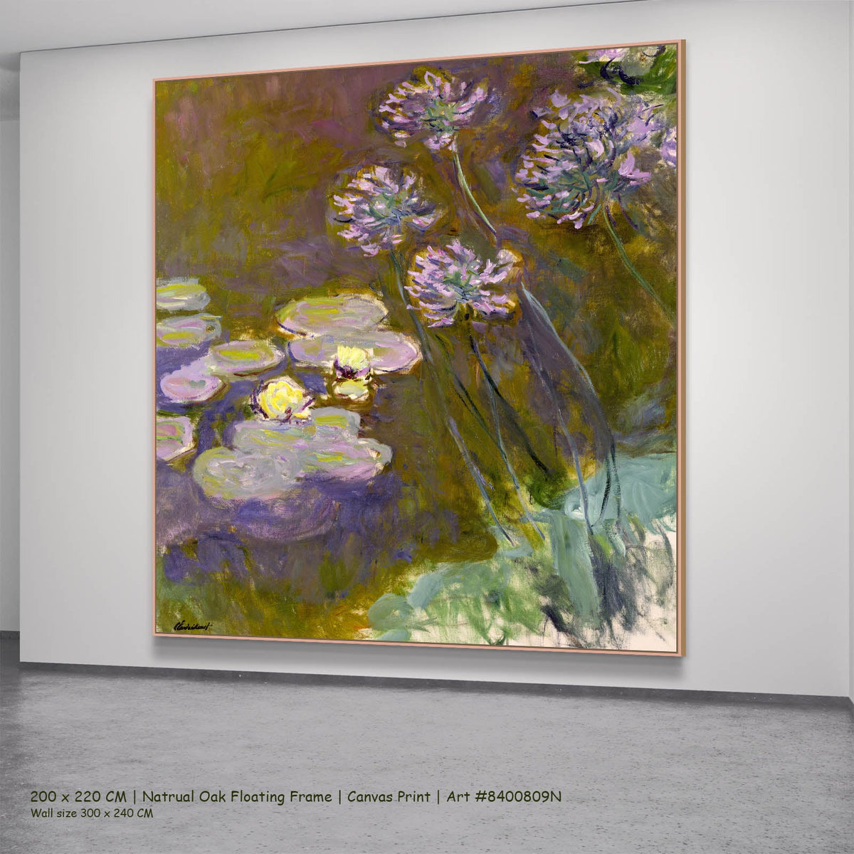 Claude Monet — Water Lilies and Agapanthus Floral canvas wall art in a natural oak floating frame, 200 × 220 cm