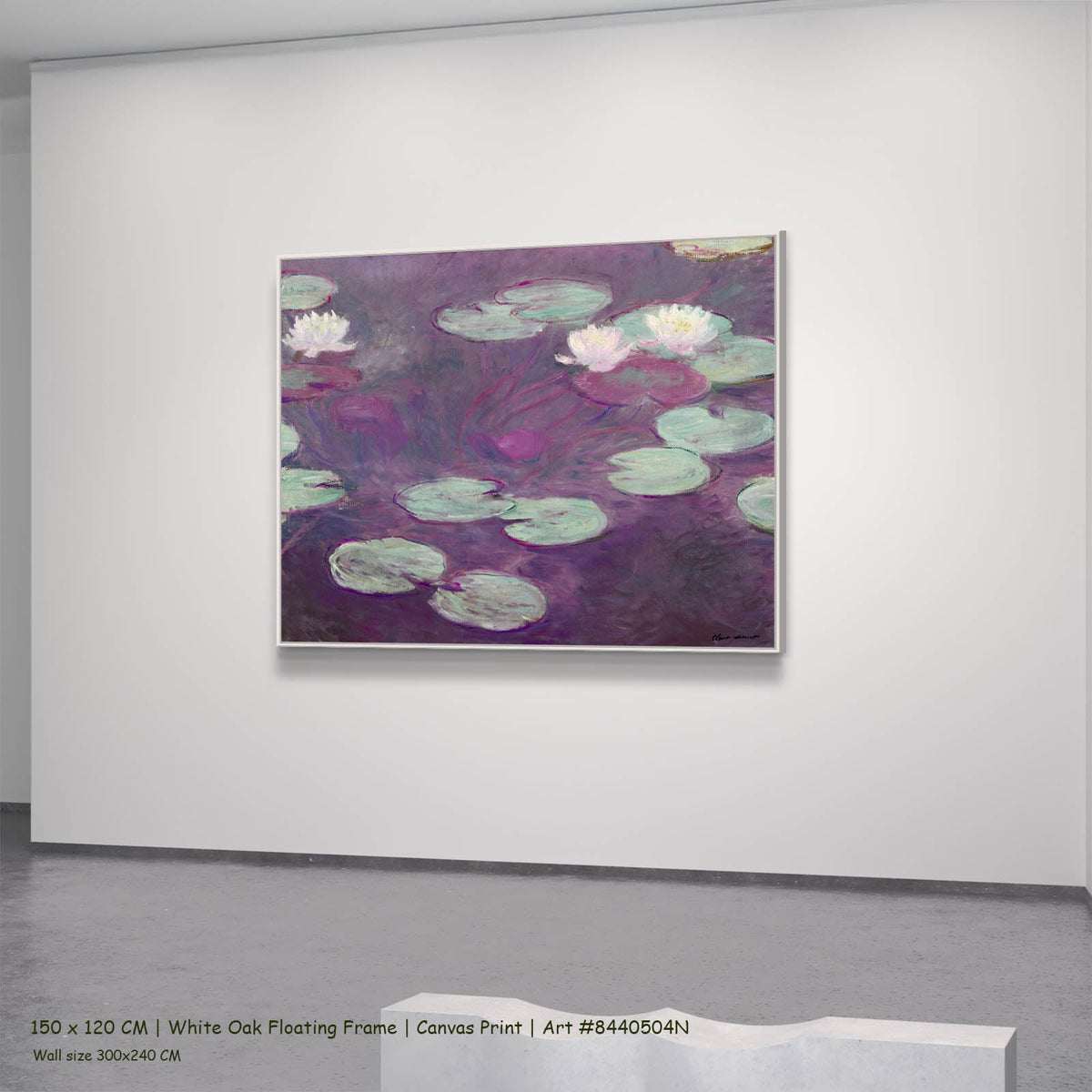 Claude Monet — Water Lilies (Nymphéas) Floral canvas wall art in a white oak floating frame, 150 × 120 cm