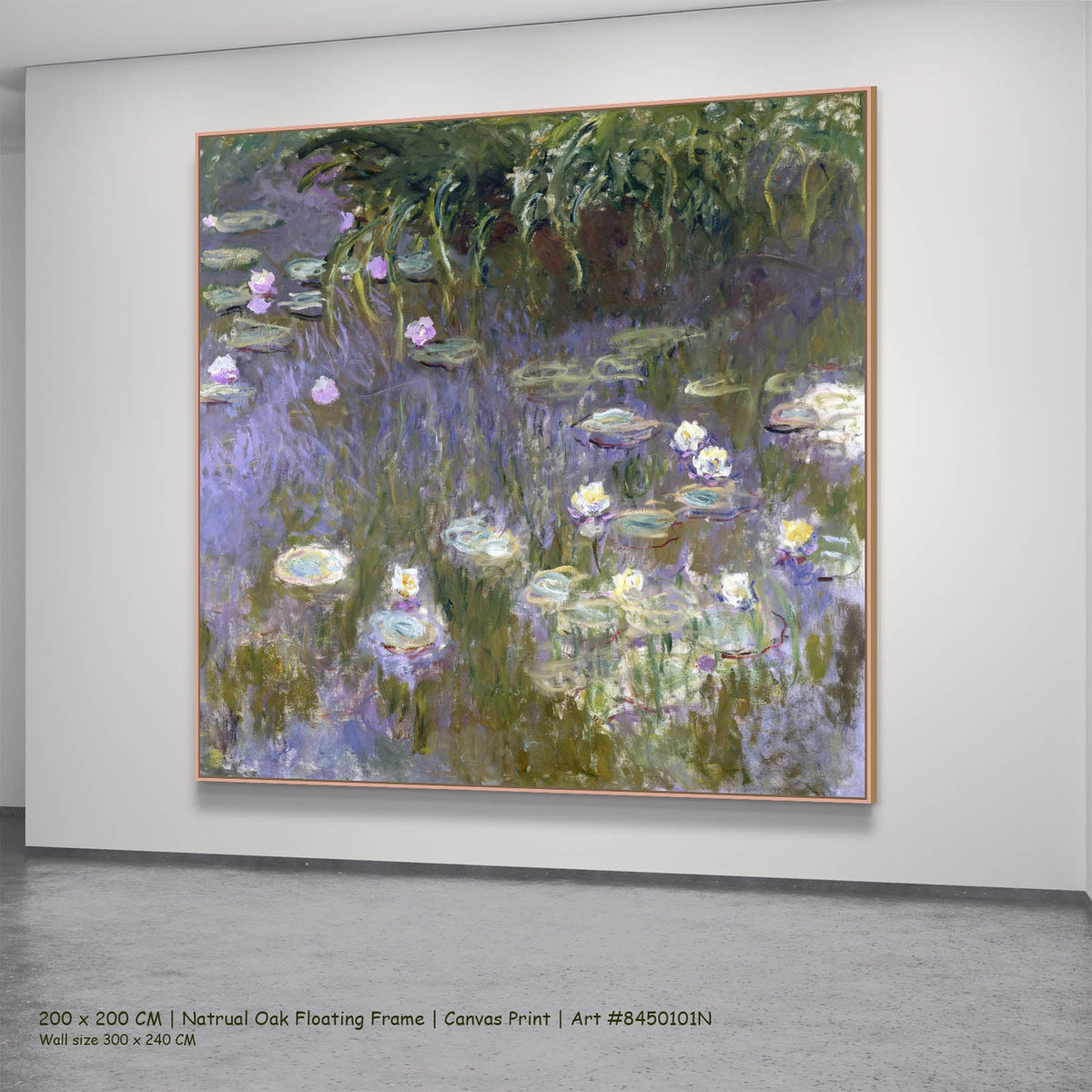 Claude Monet — Water Lilies (Square Composition) Floral canvas wall art in a natural oak floating frame, 200 × 200 cm