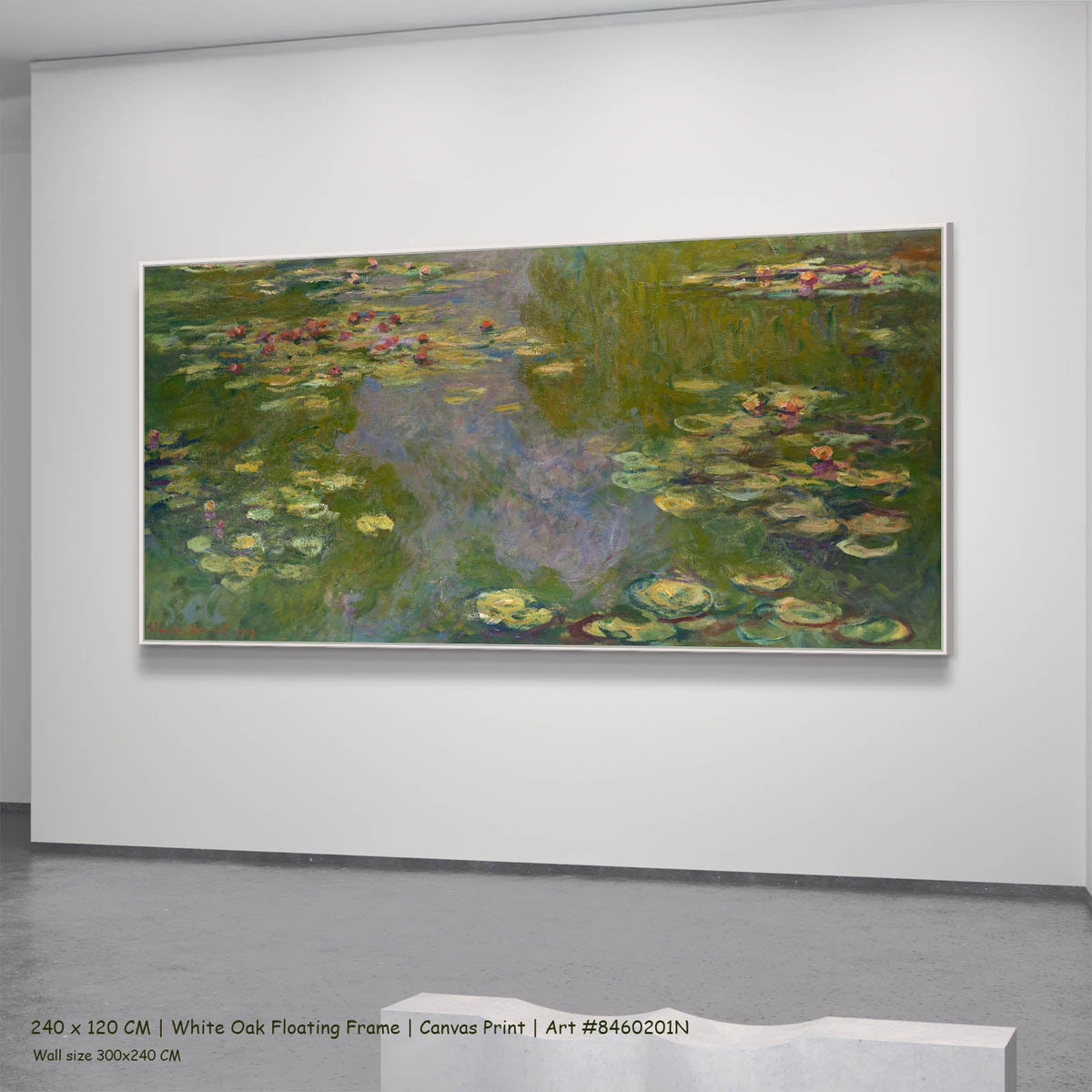 Claude Monet — Water Lilies (Wide Panorama) Floral canvas wall art in a white oak floating frame, 240 × 120 cm