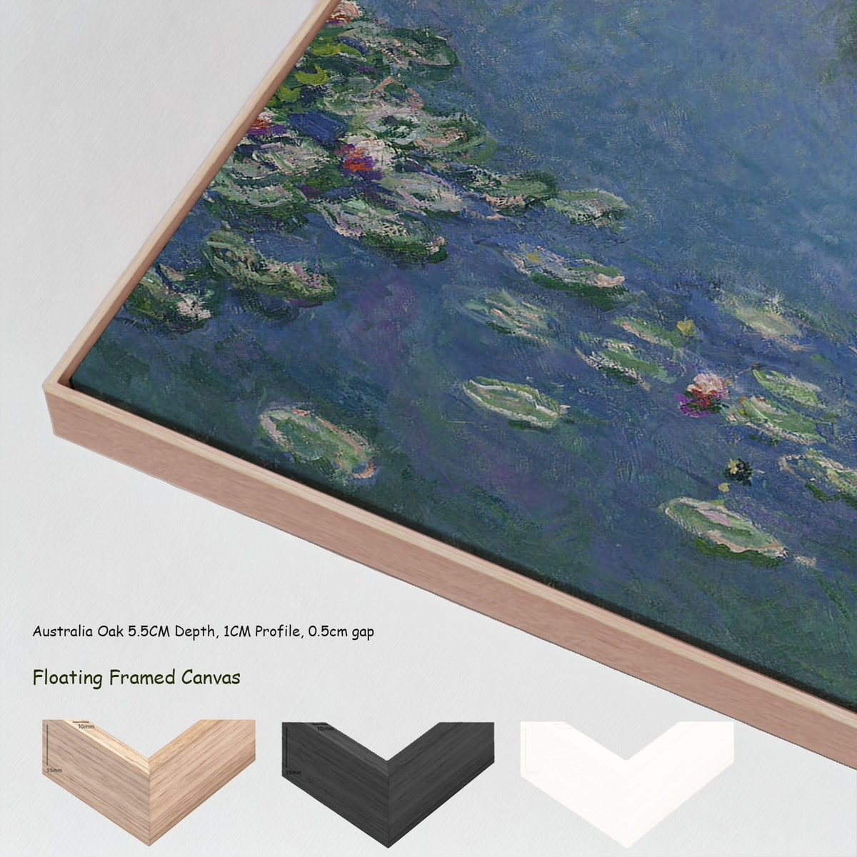 Claude Monet, Water Lilies — floating frames mockup, large canvas print