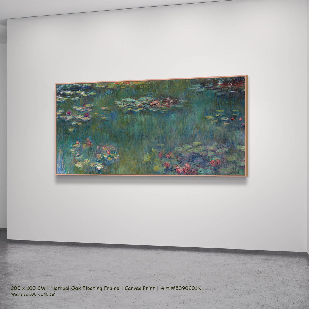 Claude Monet — Water Lilies (Panoramic) Floral canvas wall art in a natural oak floating frame, 200 × 100 cm