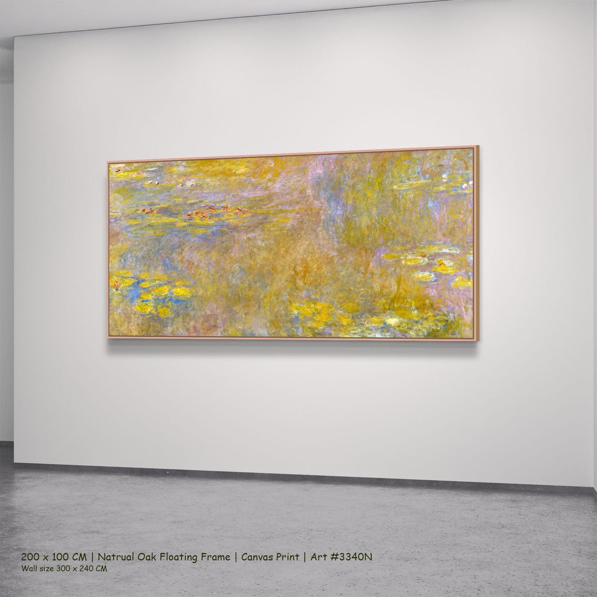 Claude Monet, Water Lilies — 200x100 natural oak floating frame 2