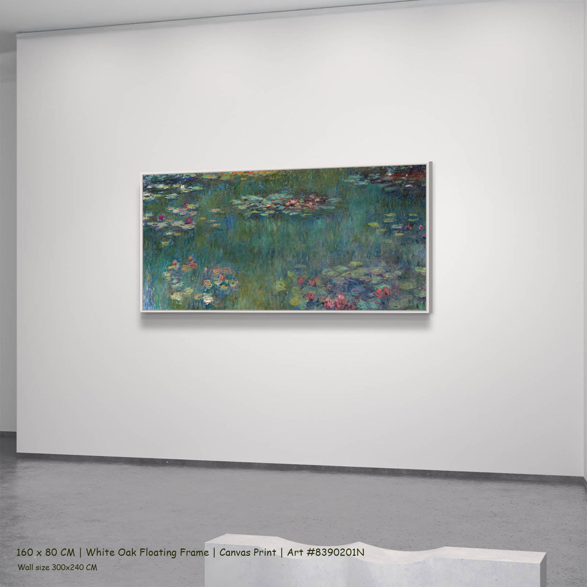 Claude Monet — Water Lilies (Panoramic) Floral canvas wall art in a white oak floating frame, 160 × 80 cm