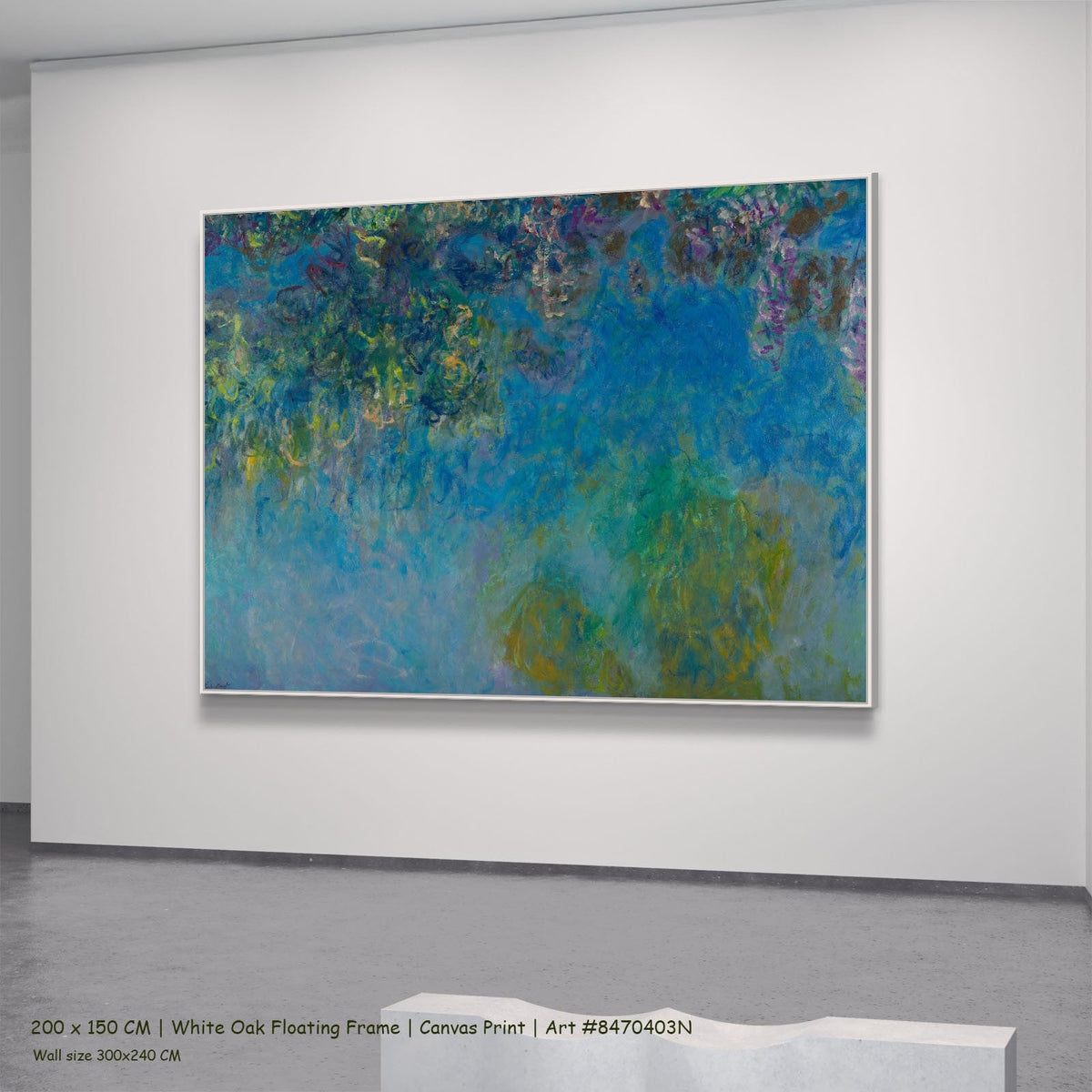 Claude Monet — Wisteria Floral canvas wall art in a white oak floating frame, 240 × 180 cm