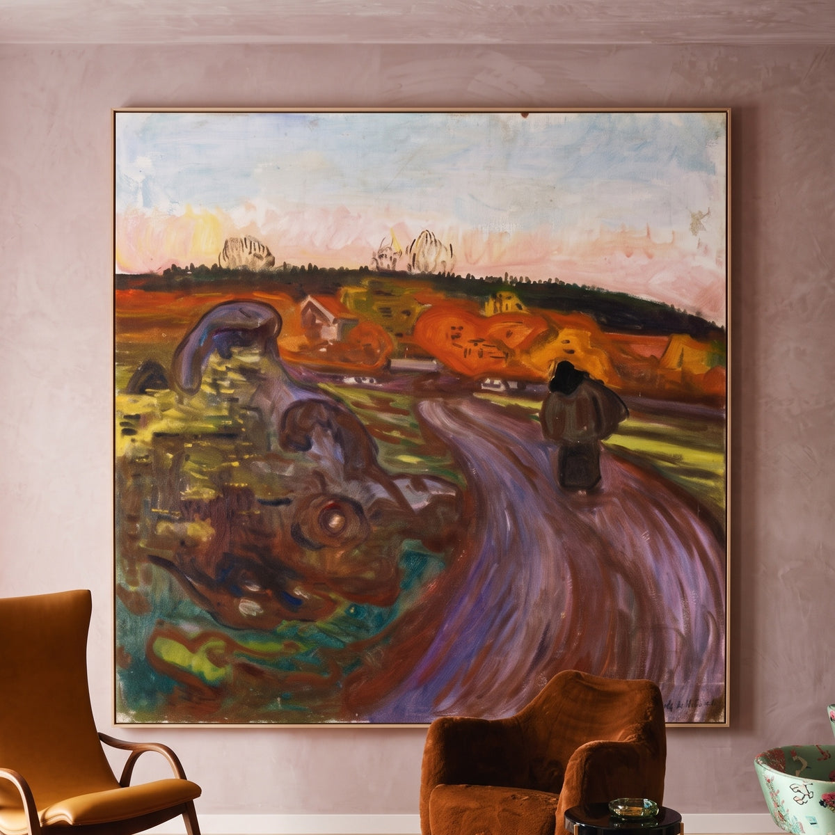 Autumn by Edvard Munch — large brown and orange Expressionist canvas art on a living room wall