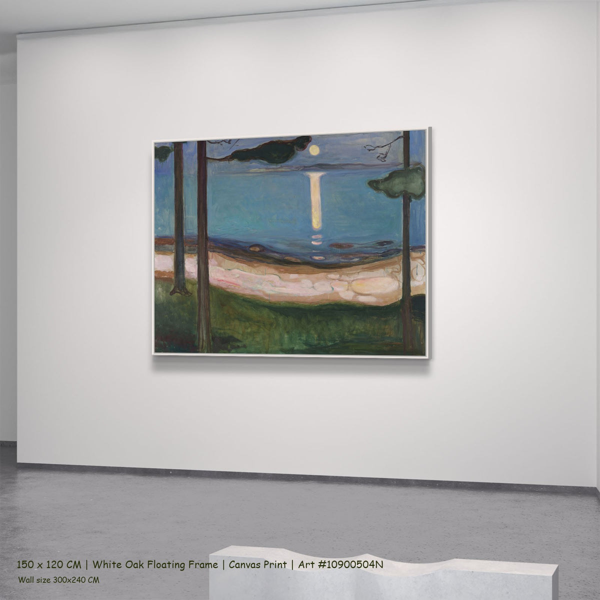 Moonlight by Edvard Munch in a white oak floating frame, large blue and green Expressionist canvas