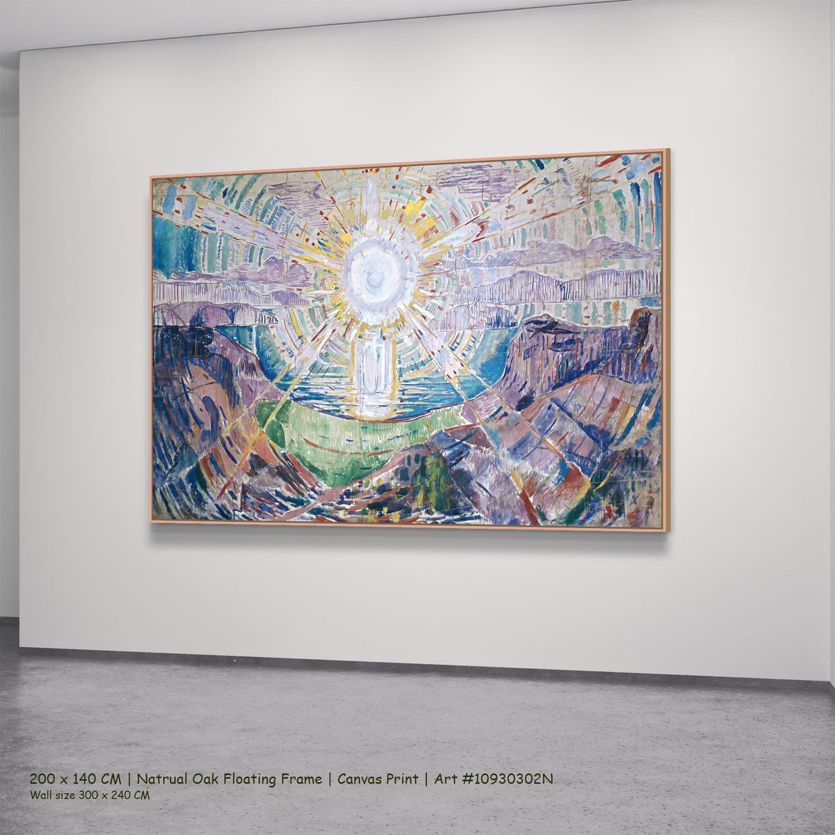 The Sun by Edvard Munch in a natural oak floating frame, large purple and blue Expressionist canvas