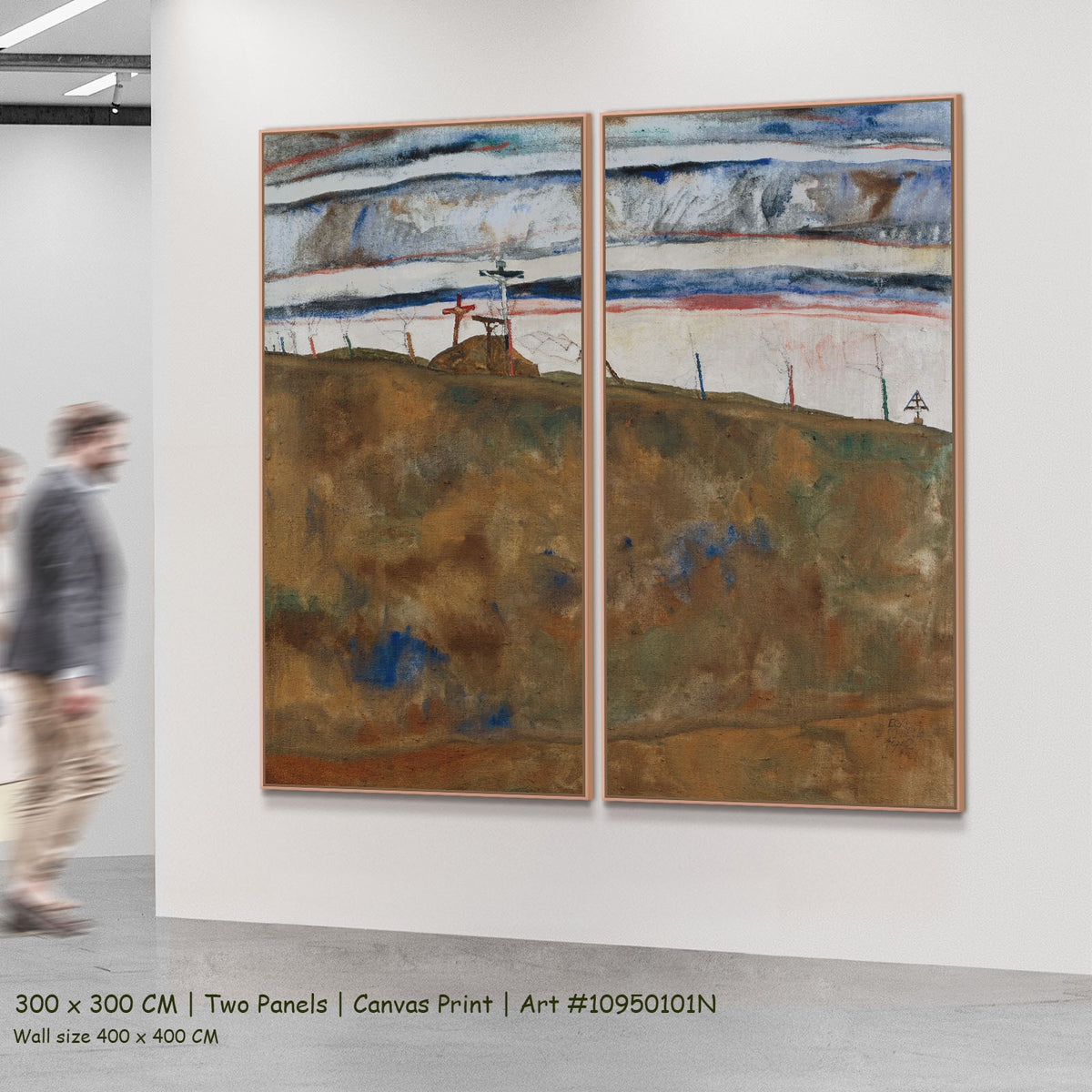 Calvary by Egon Schiele as a large two-panel brown and white Expressionist canvas set