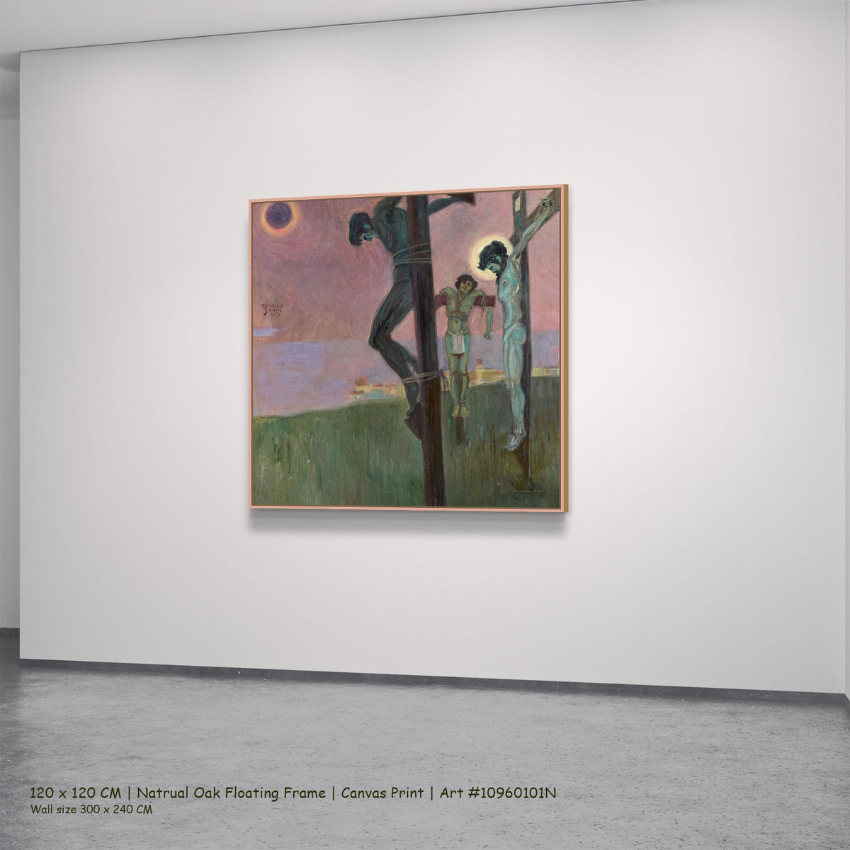 Crucifixion with Darkened Sun by Egon Schiele in a natural oak floating frame, large pink and green Expressionist canvas
