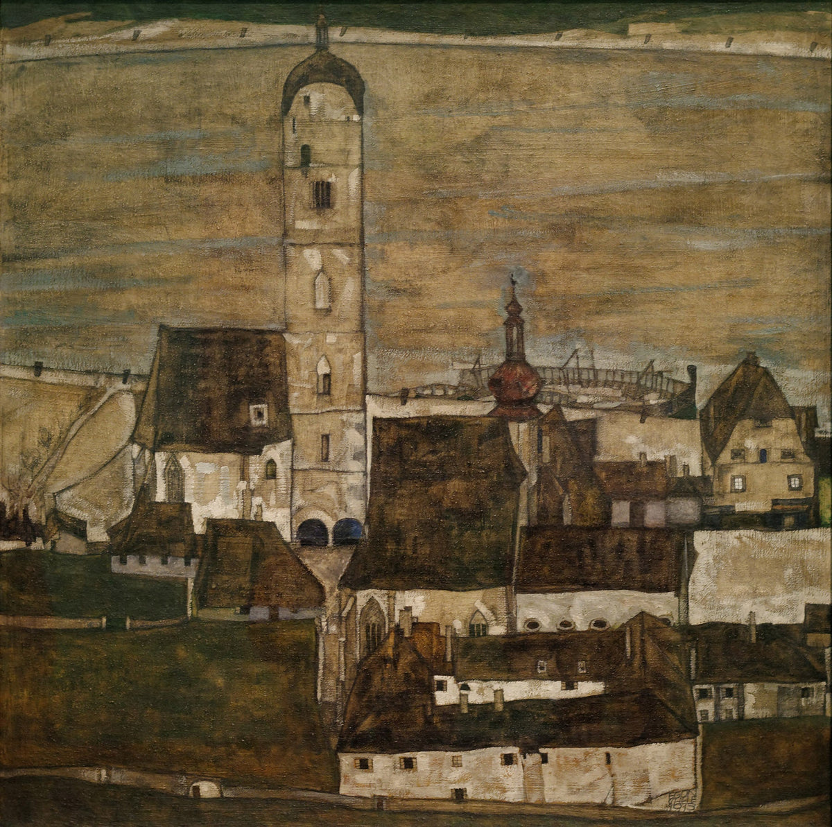 Large brown and olive Expressionist Abstract canvas print of Stein on the Danube II by Egon Schiele