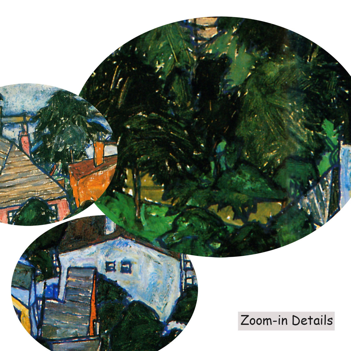 Egon Schiele — Close-up detail of the brushwork on Summer Landscape, Krumau, a large green and white Expressionist…