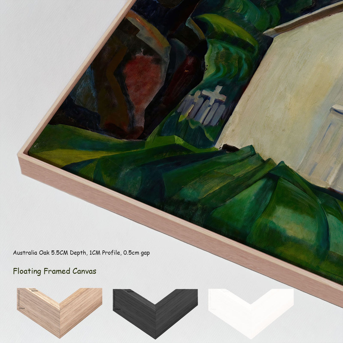 The Indian Church by Emily Carr in a floating frame, large green and white Landscape canvas print