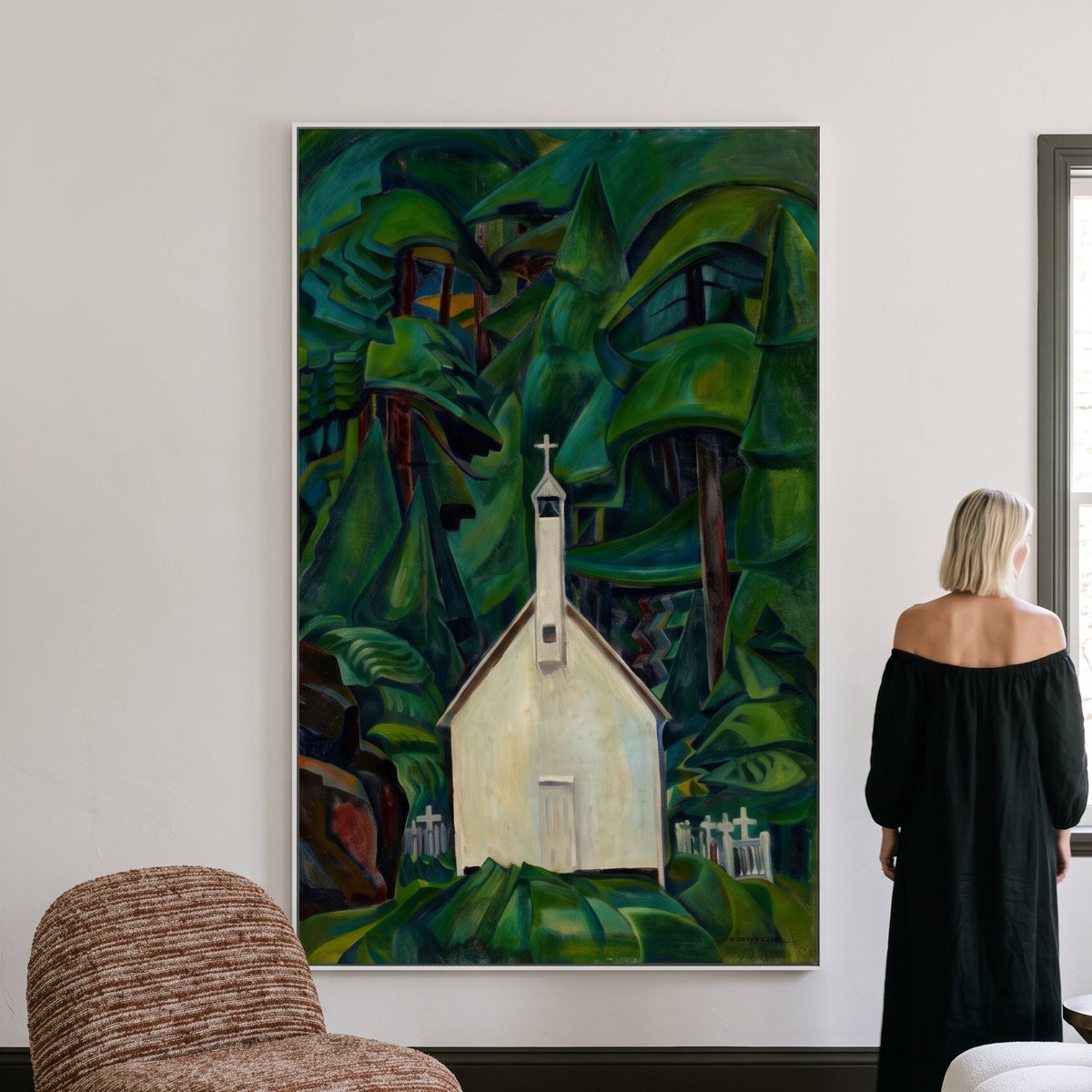 The Indian Church by Emily Carr — large green and white Landscape canvas art on a living room wall