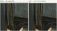 Before and after — the same area of a low-resolution photo, rebuilt for large-format printing