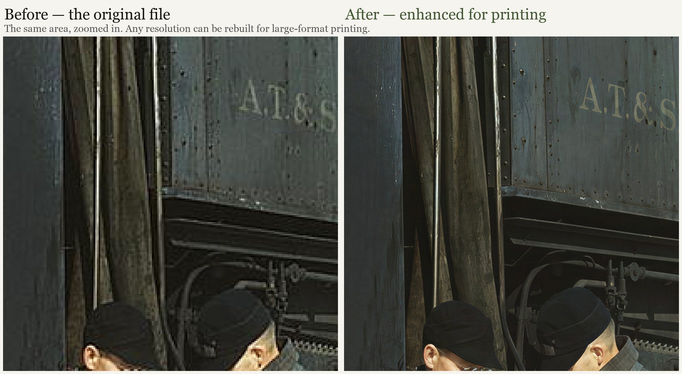 Before and after — the same area of a low-resolution photo, rebuilt for large-format printing