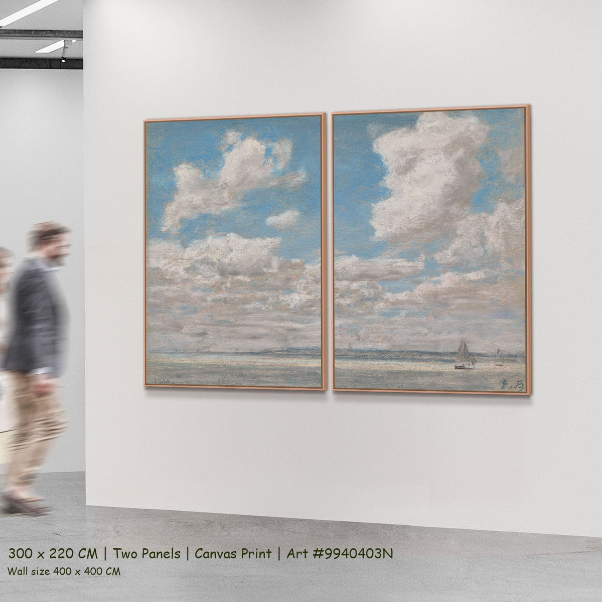 Seascape with Open Sky by Eugene Boudin as a large two-panel light blue and white Impressionist canvas set