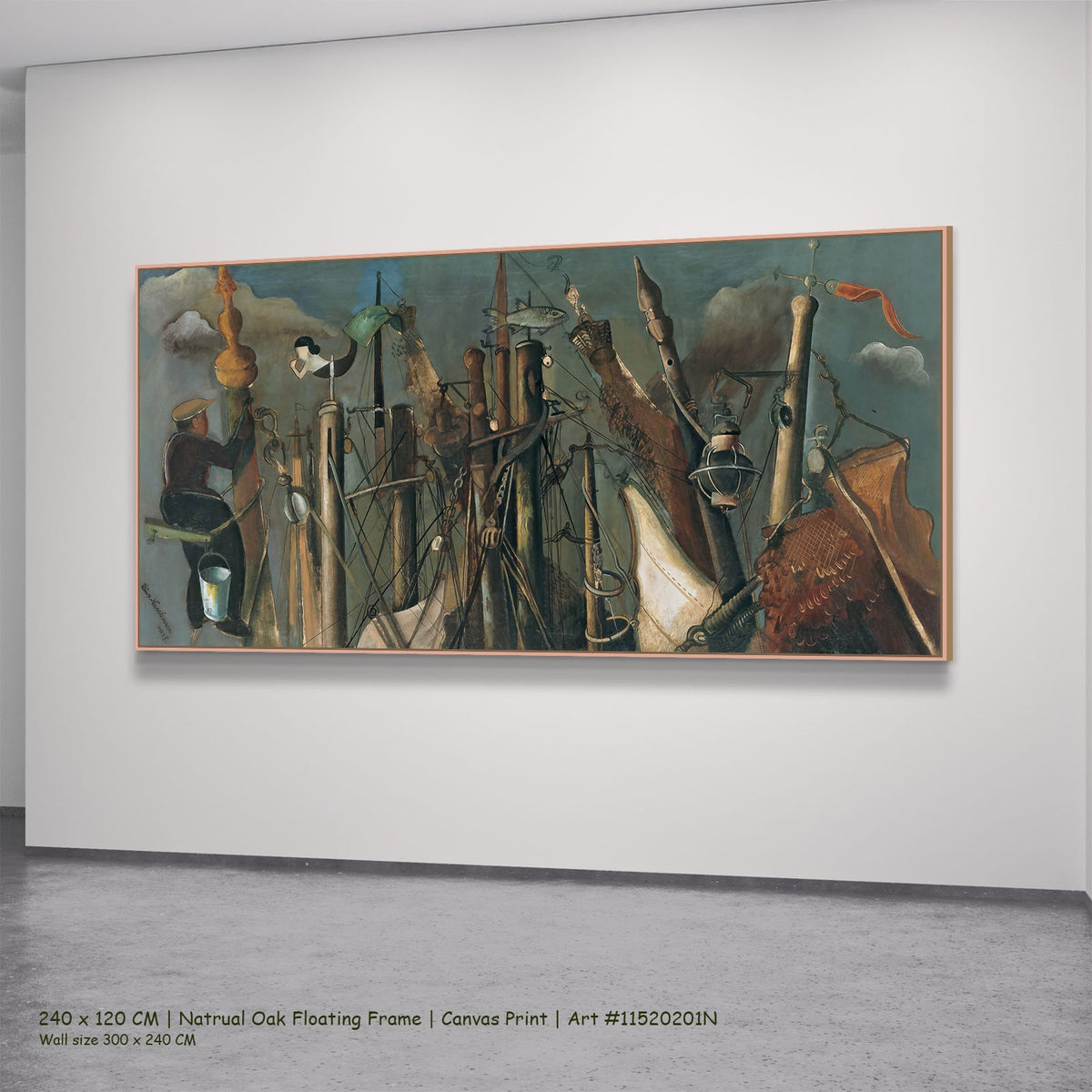 Mastenwald by Felix Nussbaum in a natural oak floating frame, large brown and green Surrealist canvas