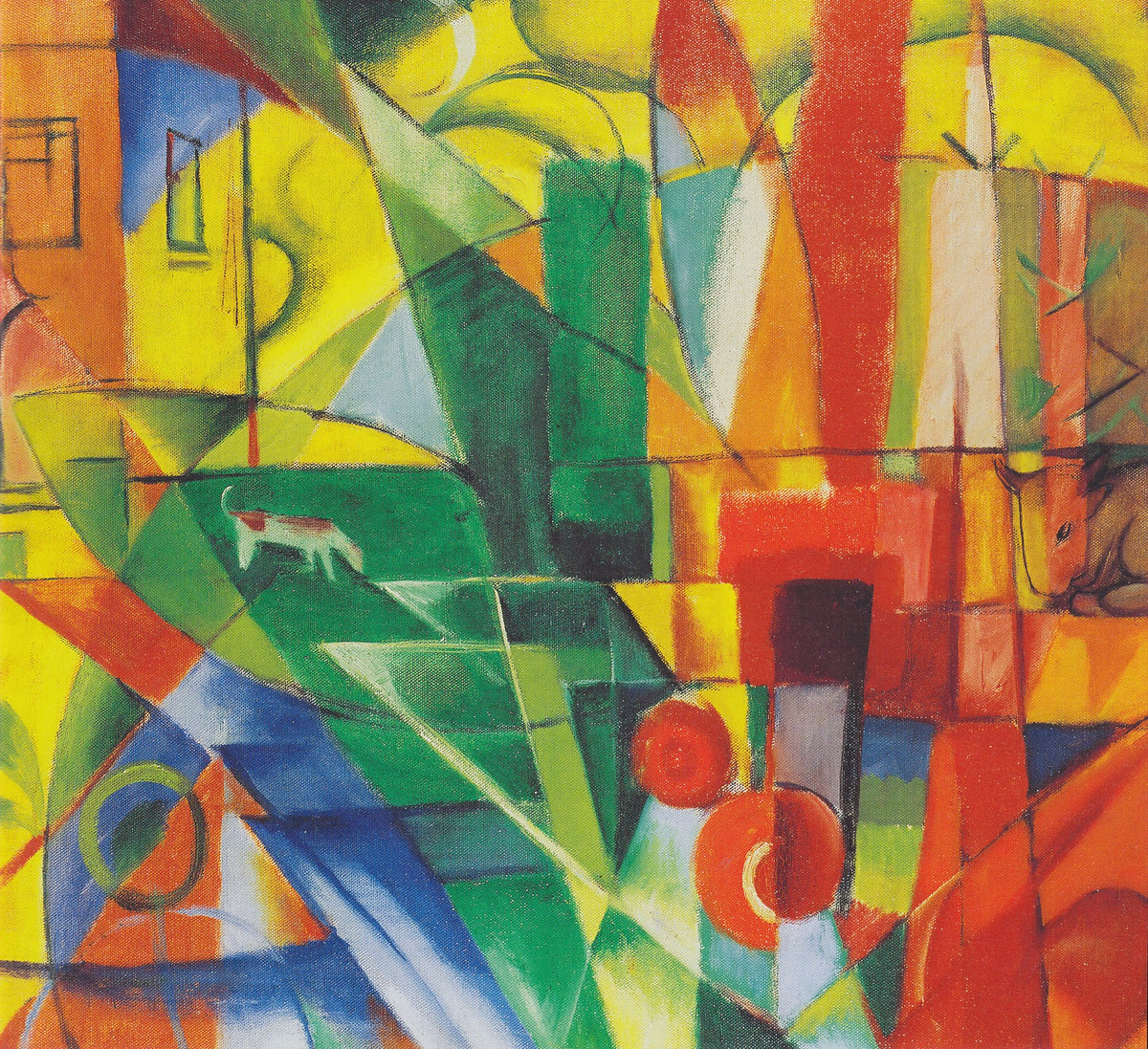 Large yellow and red Expressionist Abstract canvas print of Landscape with House, Dog and Cattle by Franz Marc