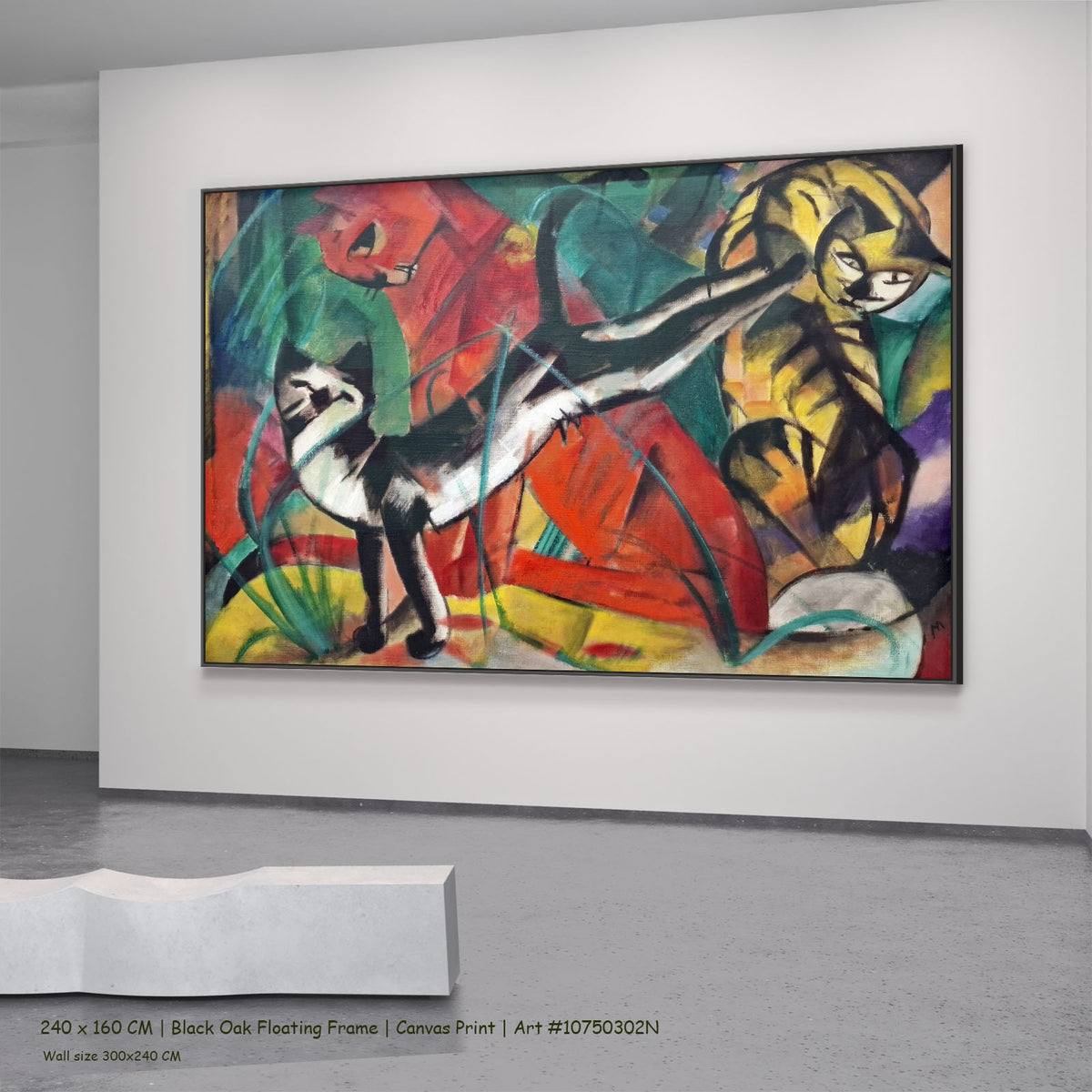 Three Cats by Franz Marc in a black oak floating frame, large red and yellow Expressionist Abstract canvas