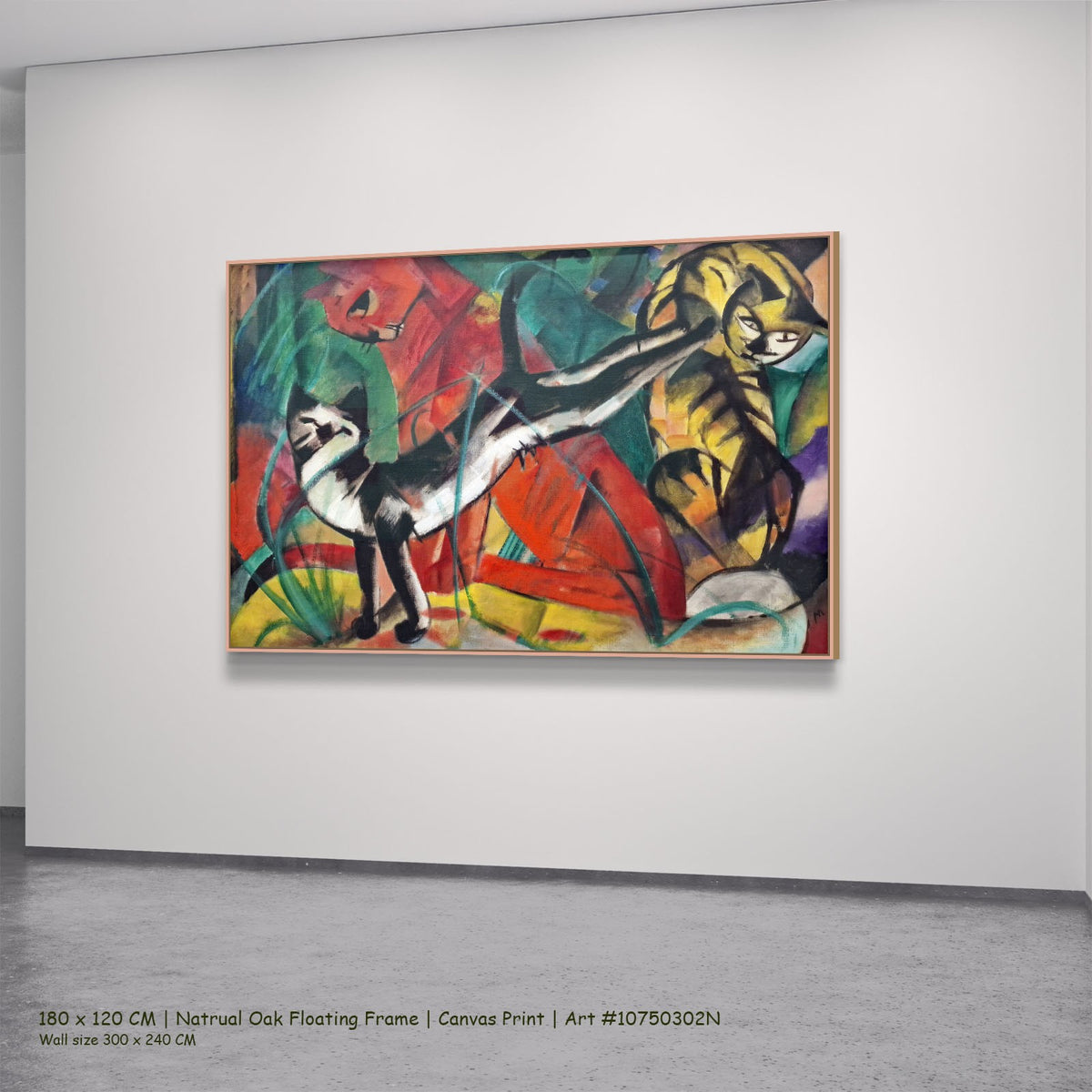 Three Cats by Franz Marc in a natural oak floating frame, large red and yellow Expressionist Abstract canvas