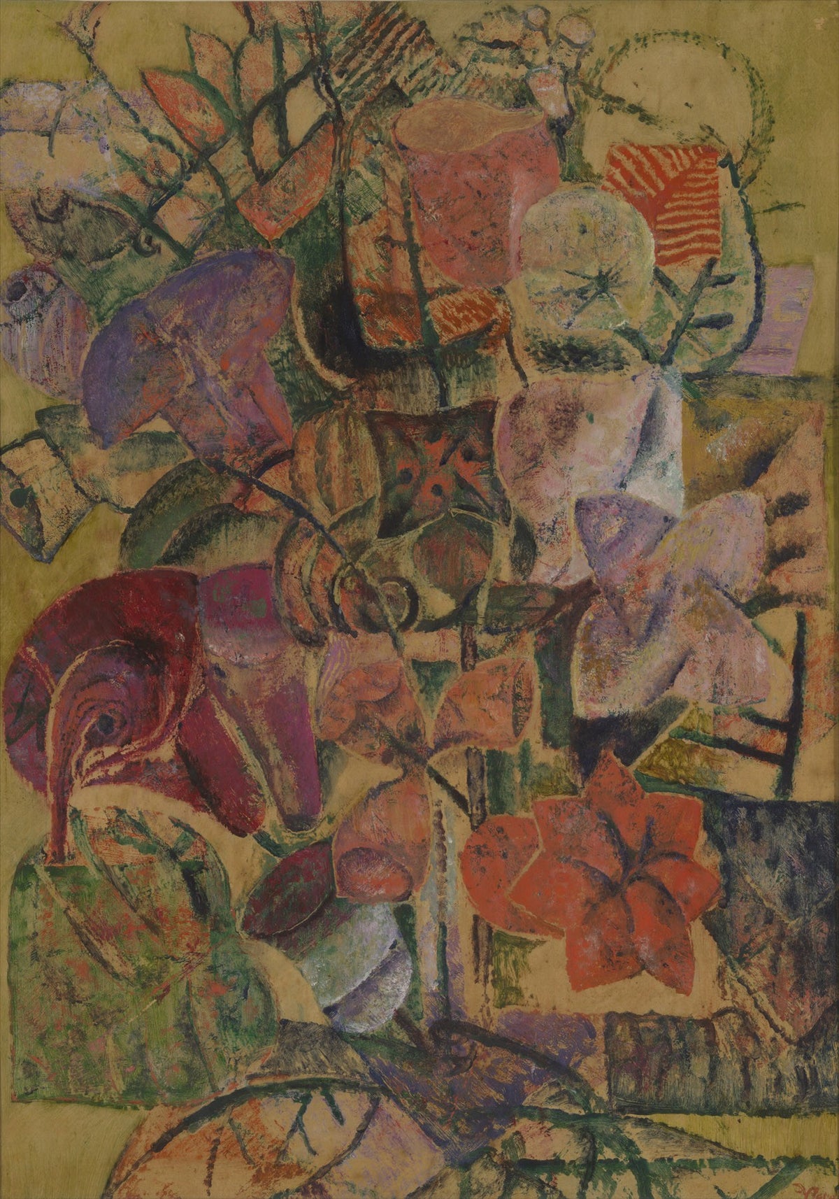 Large olive and orange Expressionist canvas print of Fleurs by Frits Van den Berghe