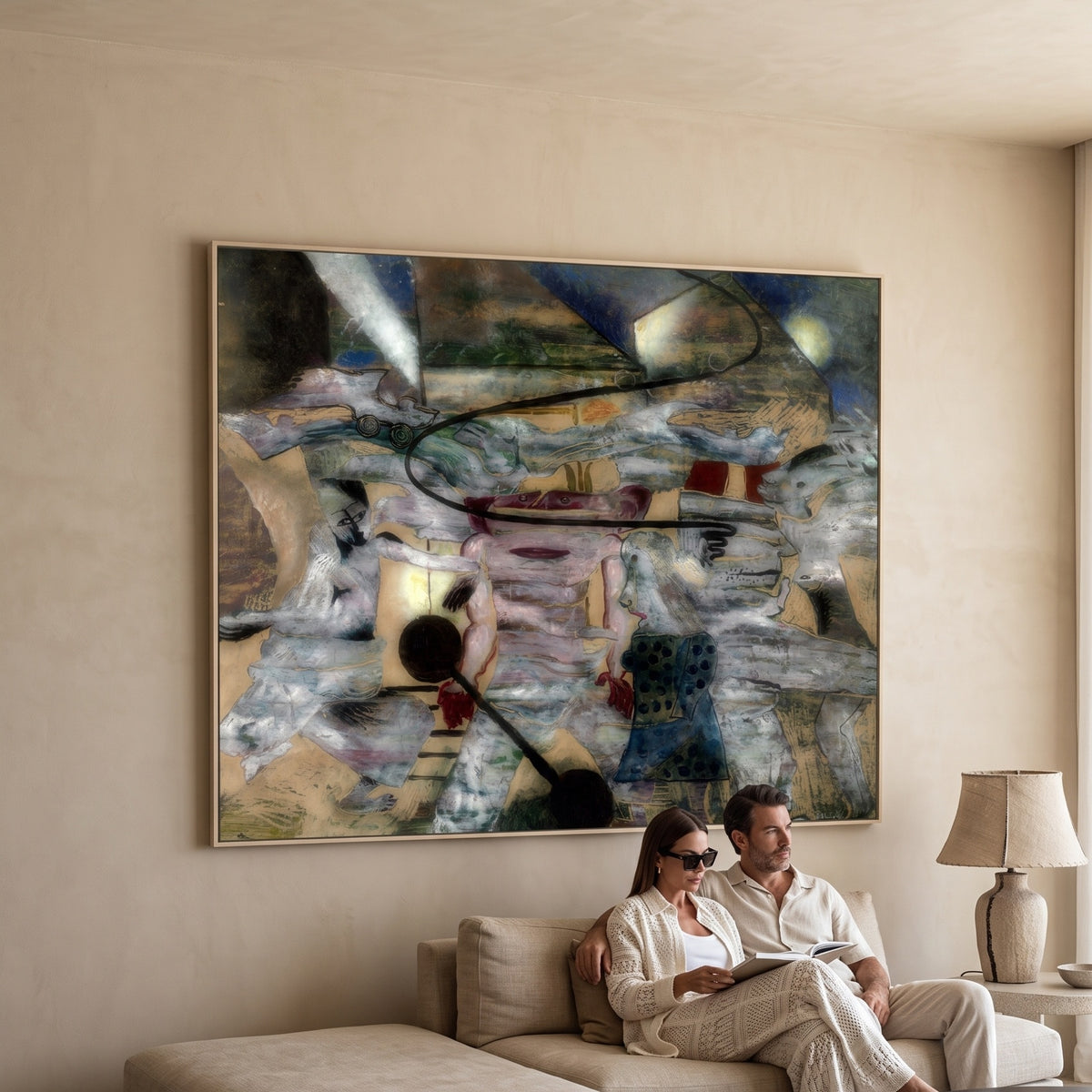The Monster by Frits Van den Berghe — large brown and grey Surrealist canvas art displayed on a wall